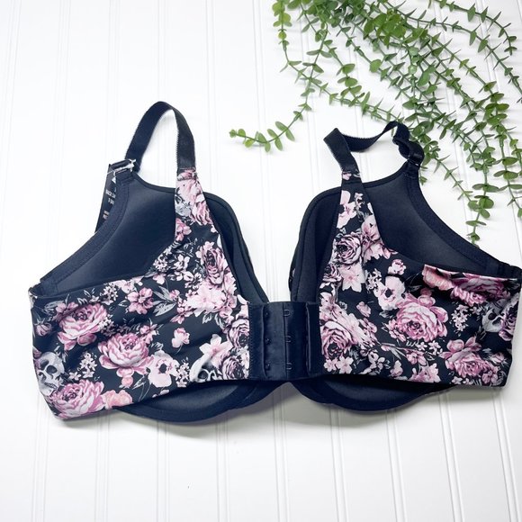 Torrid Black Floral Skull Curve 360 Back Smoothing Push Up Plunge Bra, Size 42D - Picture 2 of 9
